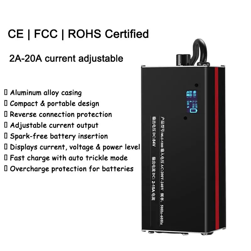 Adjustable 20A Fast Battery Charger 36V-72V Multi-Voltage Support for Li-ion & LiFePO4 (10S-24S) with compact design.