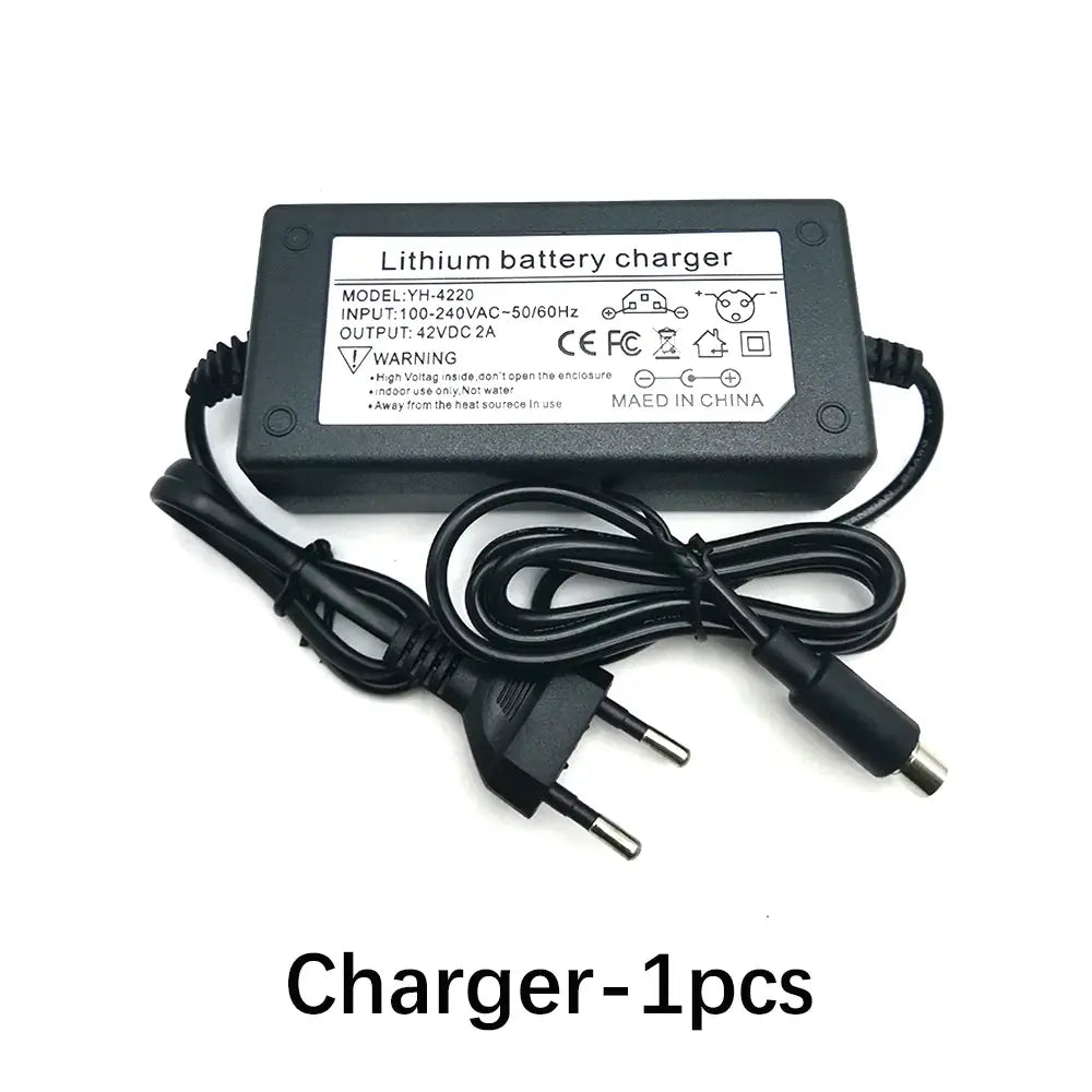 Charger for Lithium-Ion battery, input 100-240V, output 42V 2A, designed for efficient battery charging.