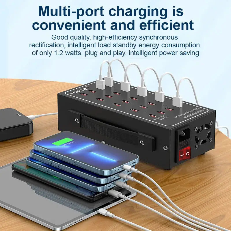 Multi-Port USB Desktop Station - 10/20/30/40/50/60 Port High Wattage Smart Charger charging multiple devices efficiently.