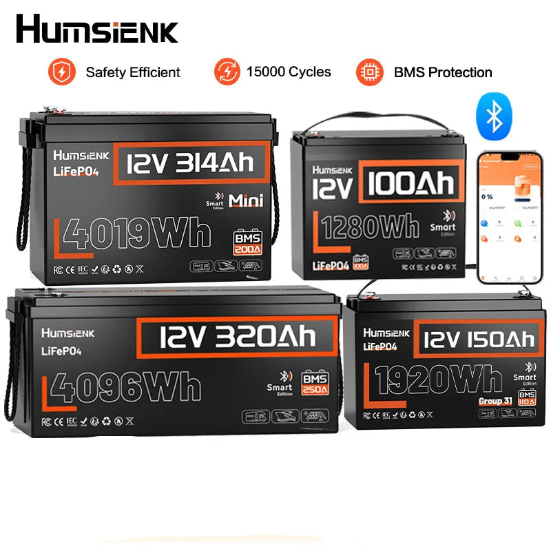 Humsienk 12V LiFePO4 rechargeable lithium battery overview showing terminal placement