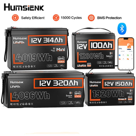 Humsienk 12V LiFePO4 rechargeable lithium battery overview showing terminal placement