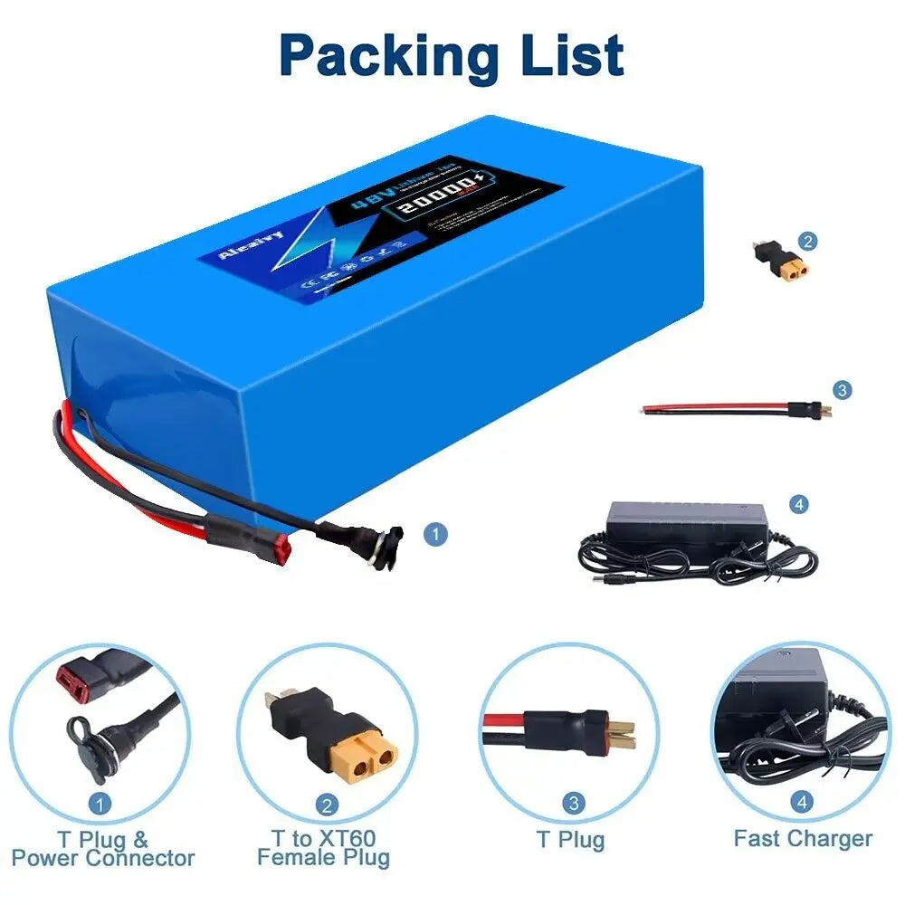 Included charger plugged into Aleaivy 48V e-bike battery
