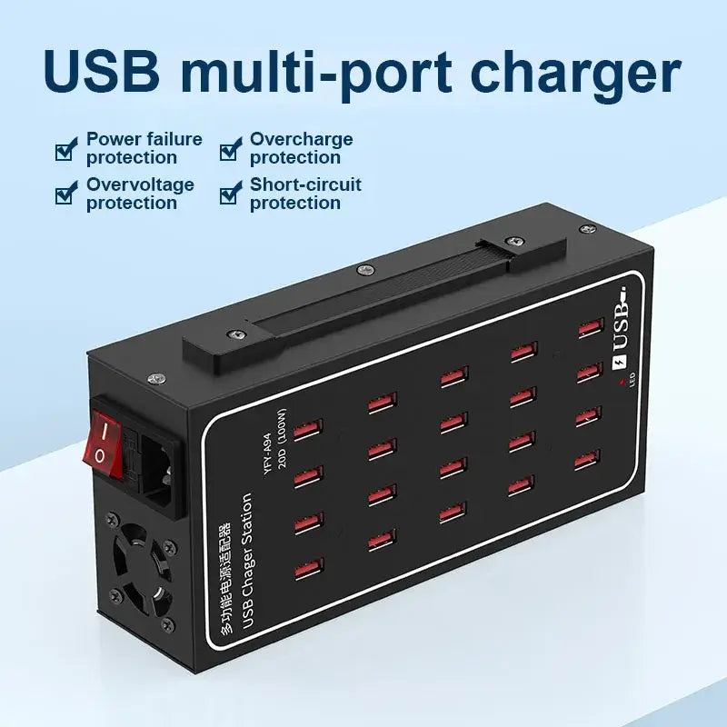 Multi-Port USB Desktop Station - 10/20/30/40/50/60 Port High Wattage Smart Charger with safety protections.