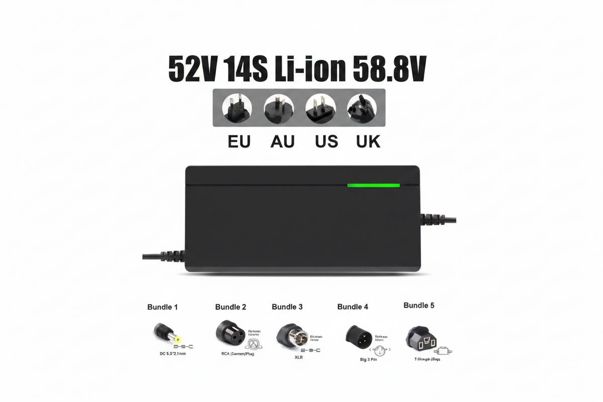 Intelligent fast charger kit for lithium-ion batteries including power cable and manual