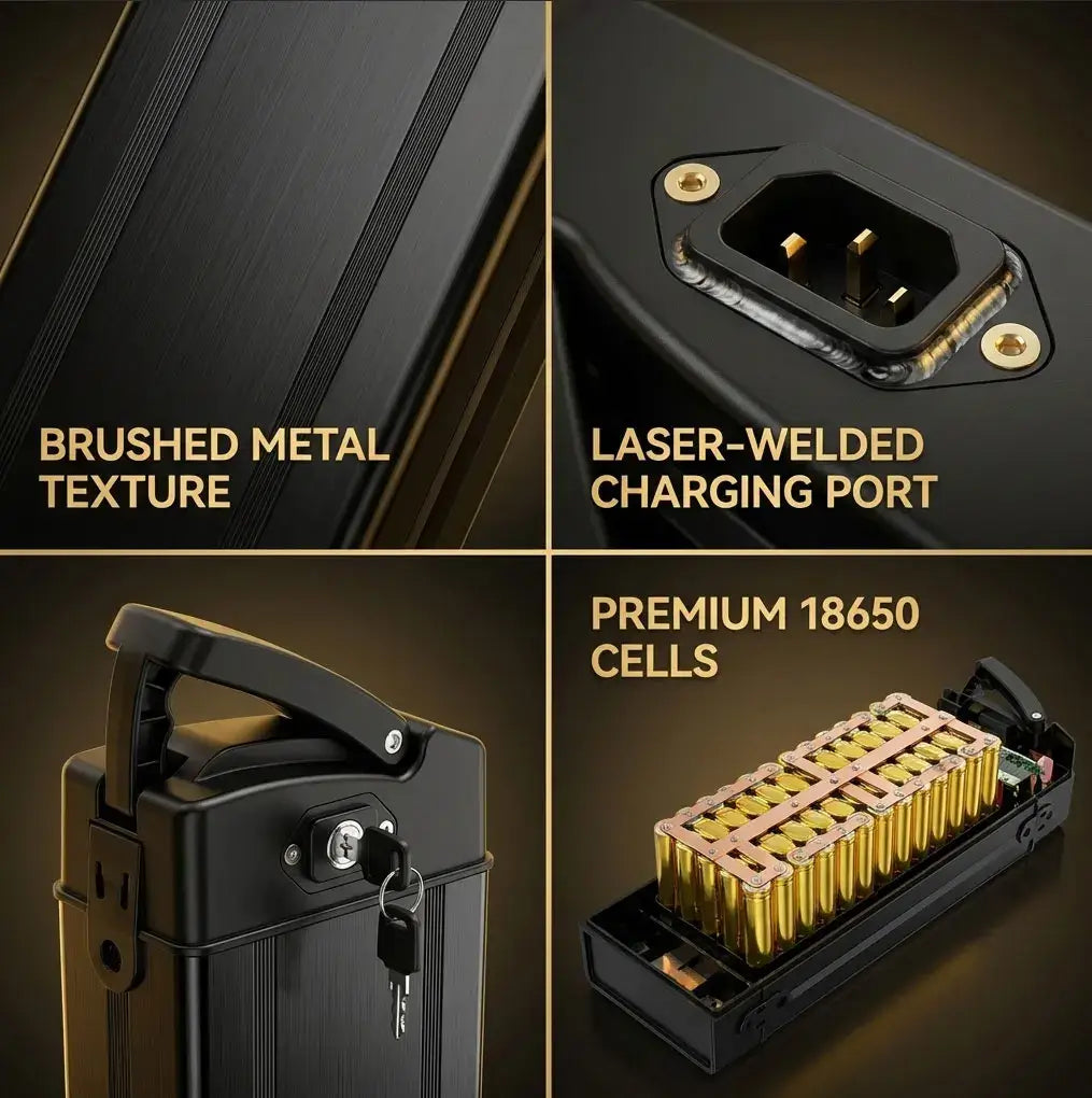 48V Folding E-Bike Battery - 12Ah 20Ah 30Ah 40Ah Lithium-ion 18650 Pack for 250W-800W Motors features brushed metal texture, charging port, premium cells.