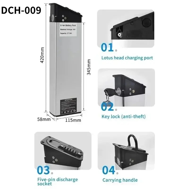 DCH-003/006/009 E-Bike Battery 36V 48V 52V (10Ah-17Ah) 350W-1000W features including charging port and key lock.