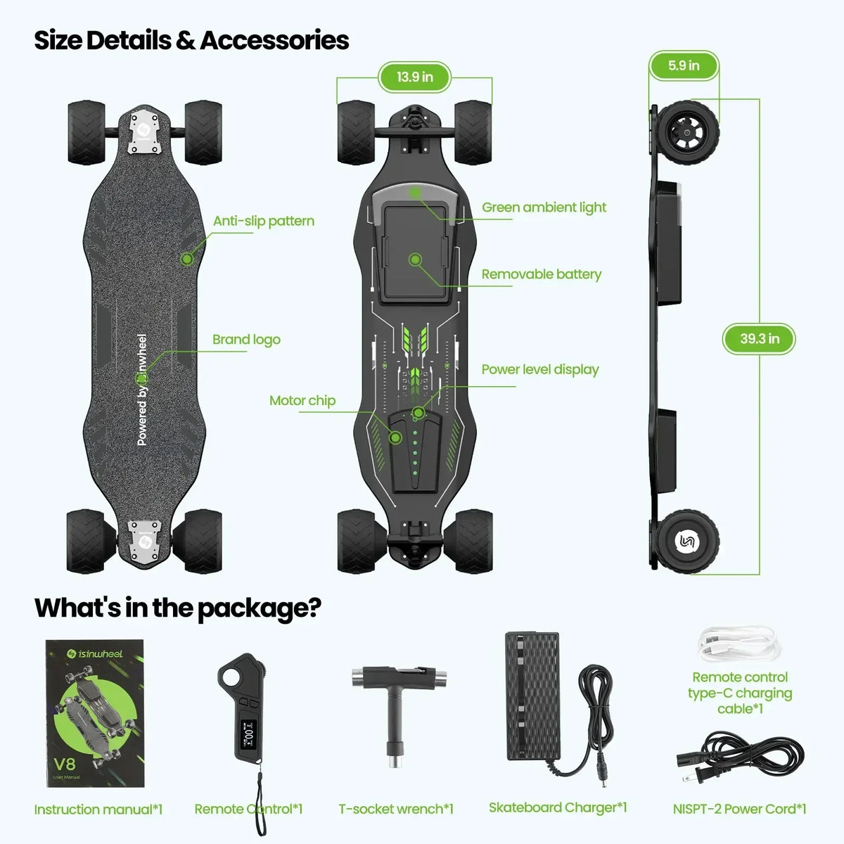 Isinwheel V8 Four Wheel Electric Board with Powerful Dual Motor System