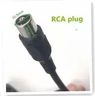 Close-up of an RCA plug connector, showing metal tip and black casing.