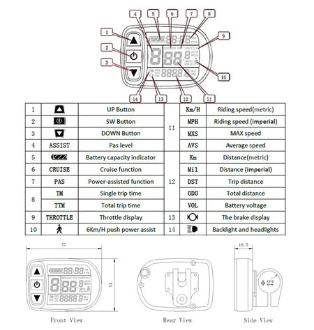 KT-LCD5 Display Panel for Electric Bike Performance Monitoring