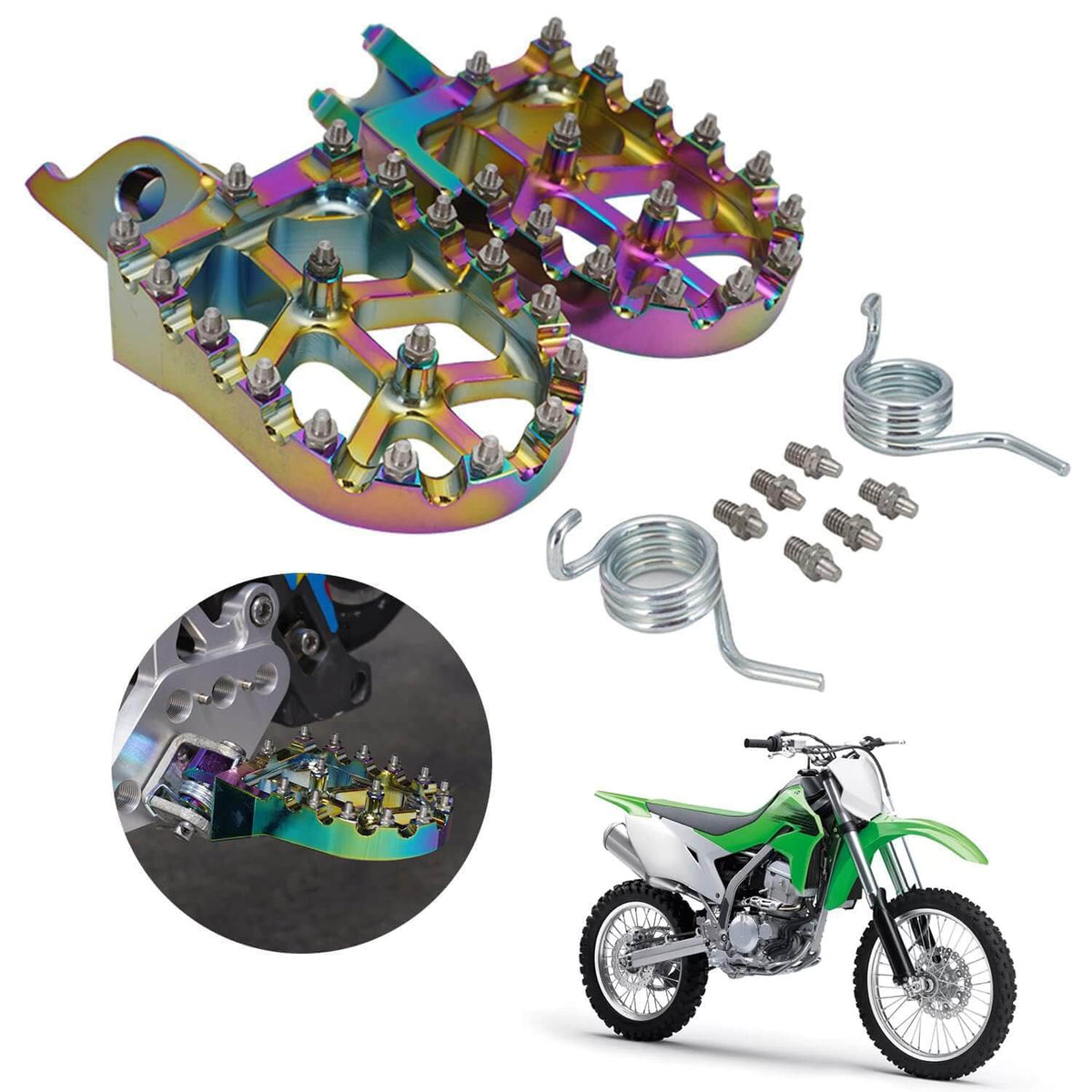 Kawasaki compatible dirt bike foot pegs anodized aluminum build