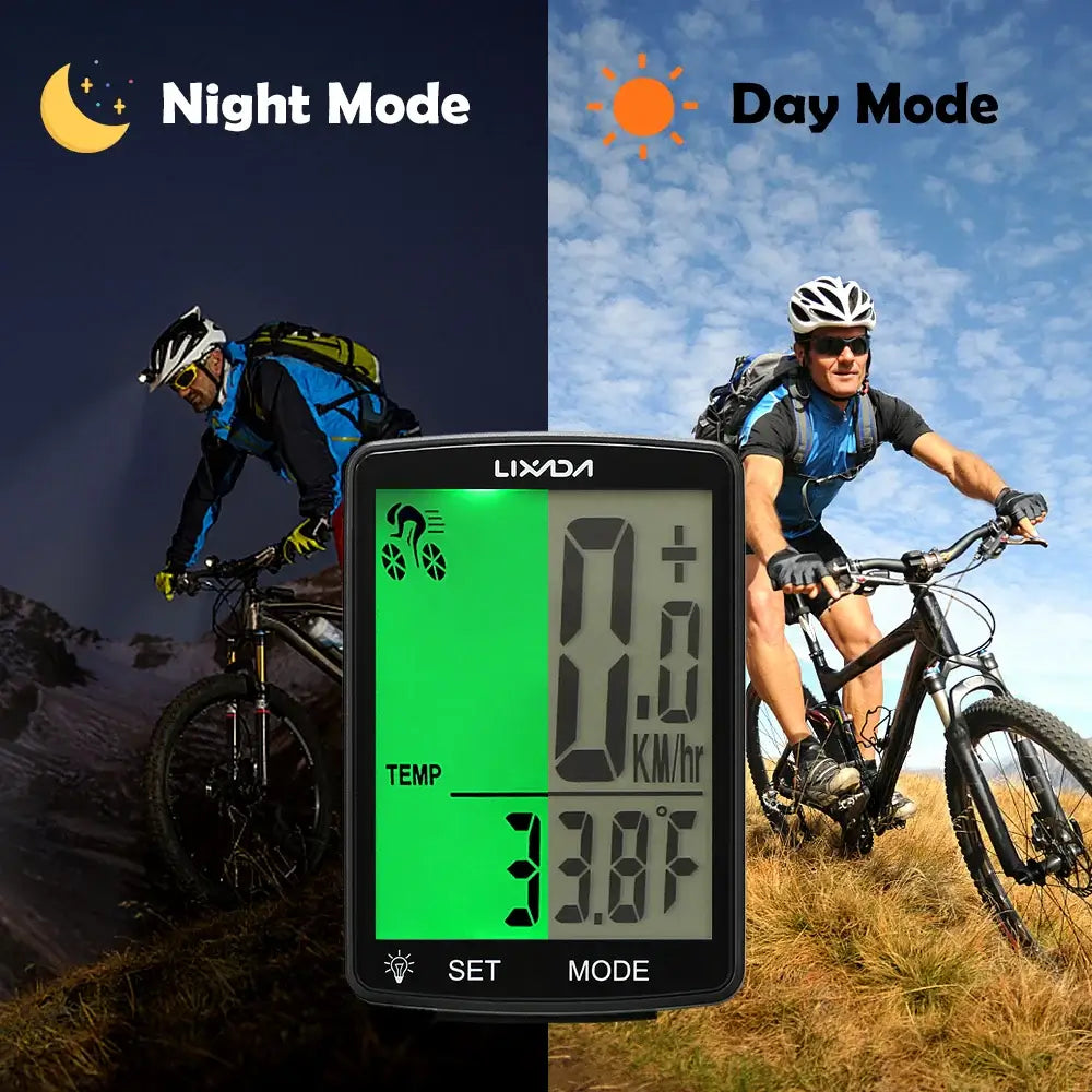 LIXADA wireless bicycle odometer showing real-time speed and temperature