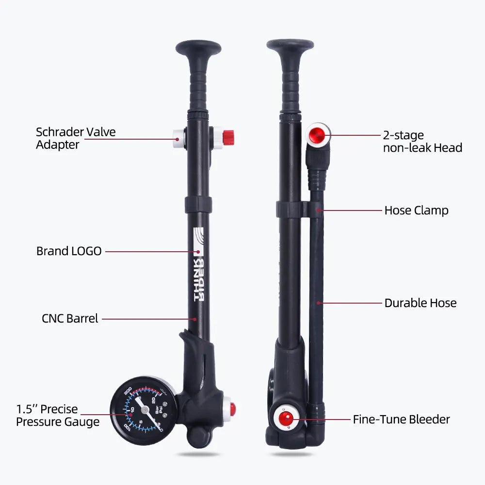 MTB air pump for tire and suspension inflation