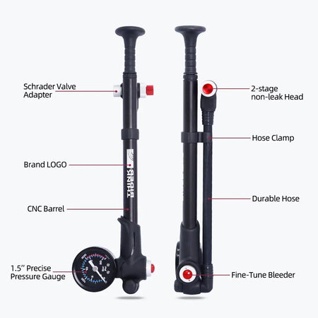 MTB air pump for tire and suspension inflation