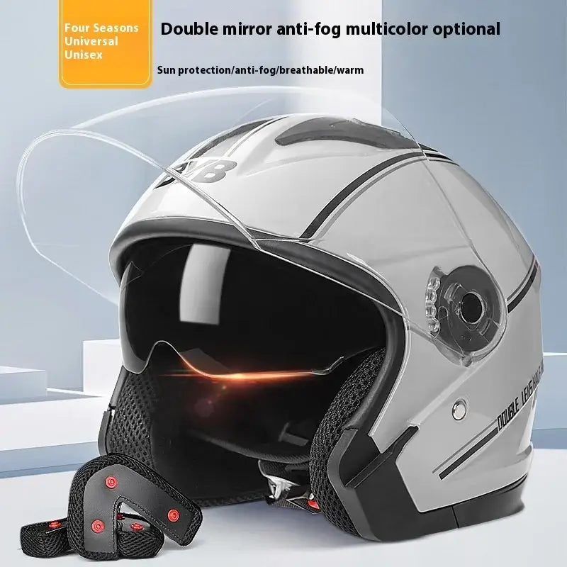 Motorcycle open face helmet with dual lens visor