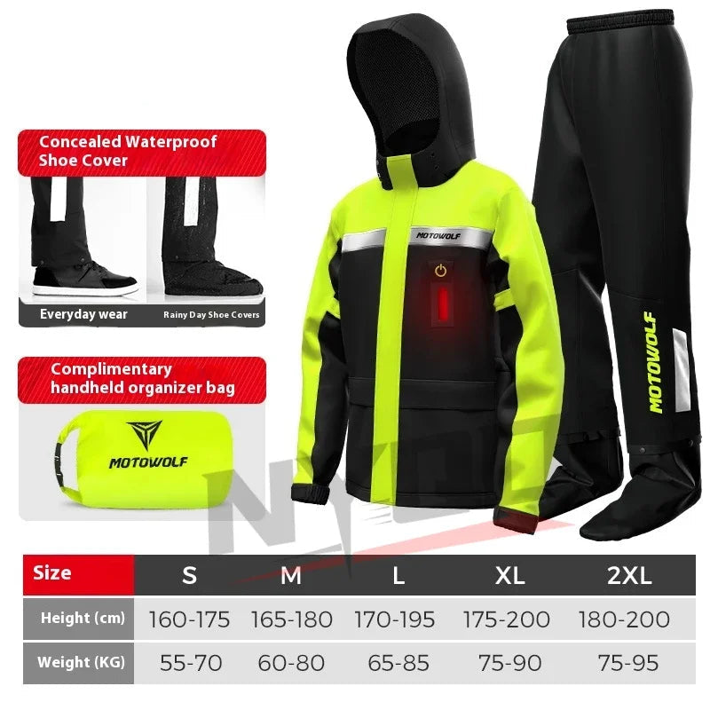 Motowolf motorcycle rain suit with integrated LED safety warning light