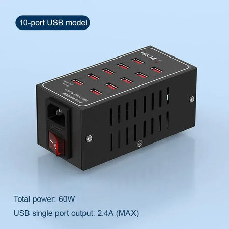 Multi-Port USB Desktop Station - 10/20/30/40/50/60 Port High Wattage Smart Charger with 10-port USB model.