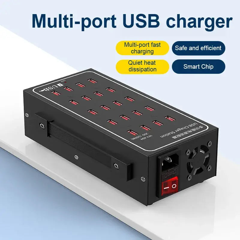 Multi-Port USB Desktop Station - 10/20/30/40/50/60 Port High Wattage Smart Charger on a desk