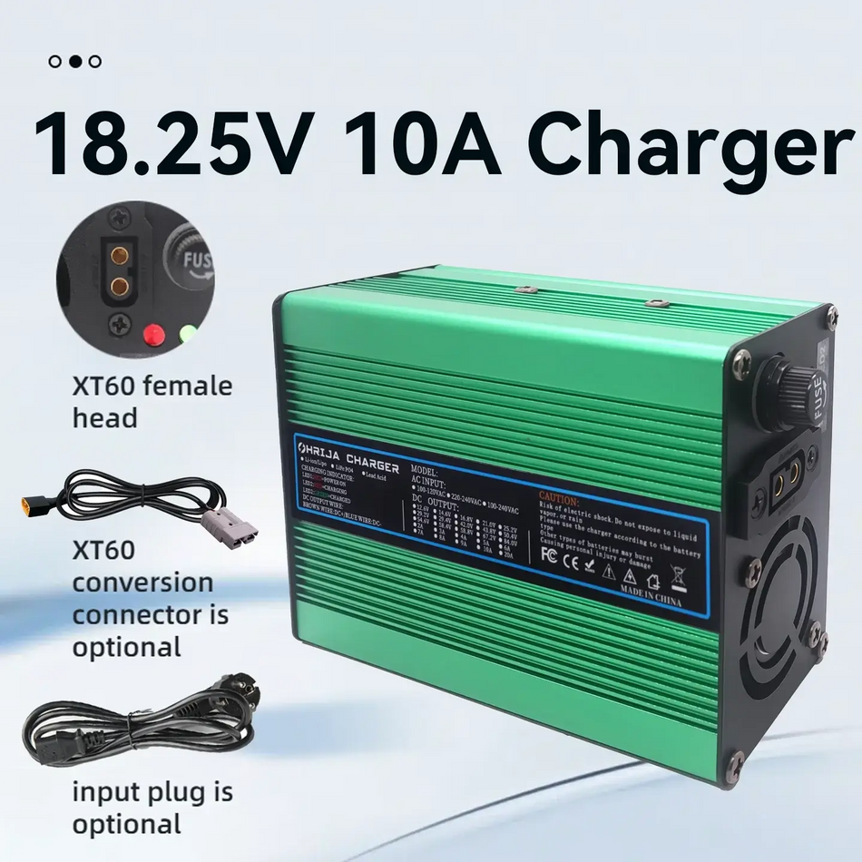 OHRIJA 18.25V 10A Quick Charger for 5S 16V LiFePO4 Battery - Aluminum Shell with XT60 connector and design details.
