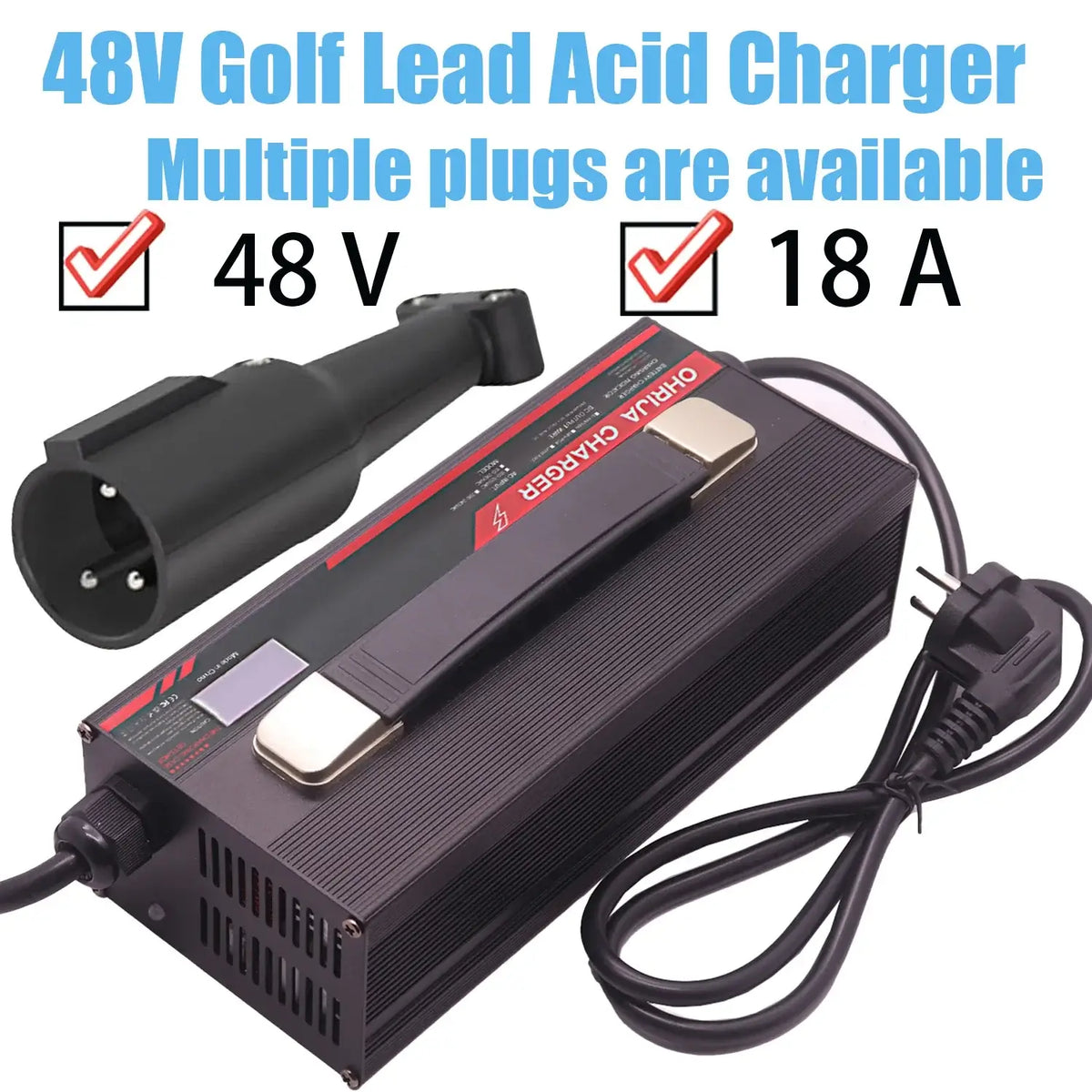 48V 18A Smart Golf Cart Charger with Digital Display & Handle for EZGO & Club Car (Lead-Acid) with multiple plugs available.