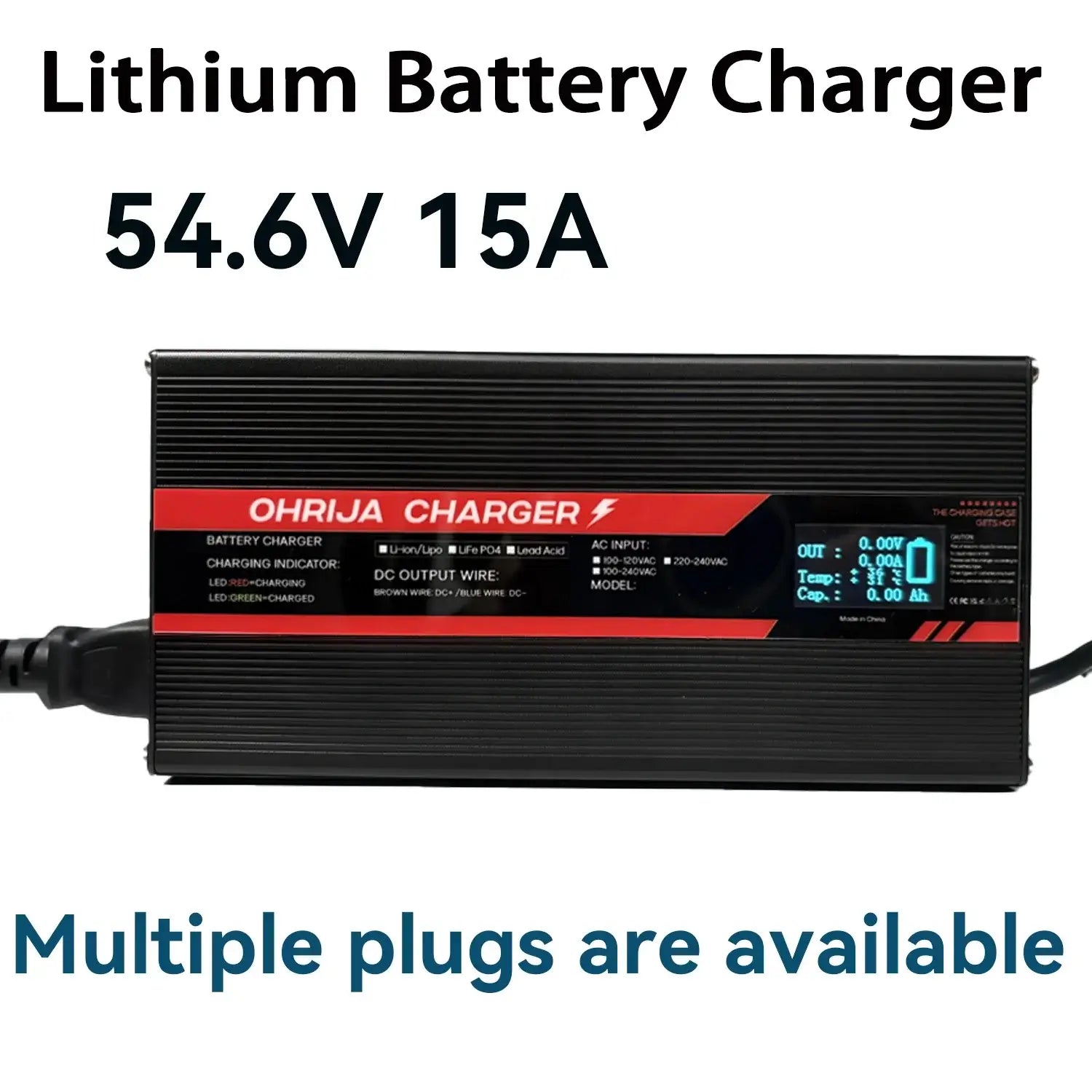OHRIJA 54.6V 15A Ultra-Fast Smart Charger For 48V 13S Lithium Battery Intelligent Display & Aluminum Shell