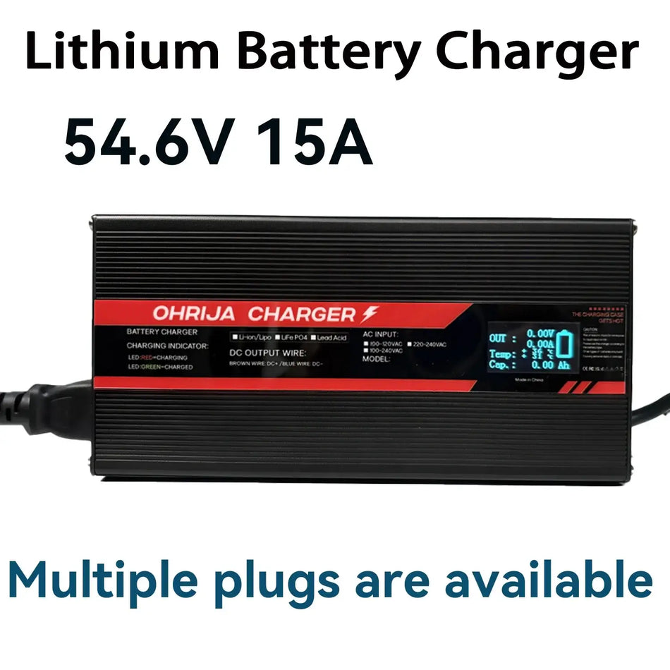 OHRIJA 54.6V 15A Ultra-Fast Smart Charger For 48V 13S Lithium Battery Intelligent Display & Aluminum Shell