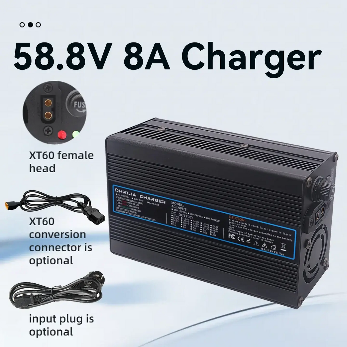 58.8V 8A Quick Lithium Battery Charger for 14S 48V Li-ion Packs Durable Aluminum Shell Customizable Detachable Plug