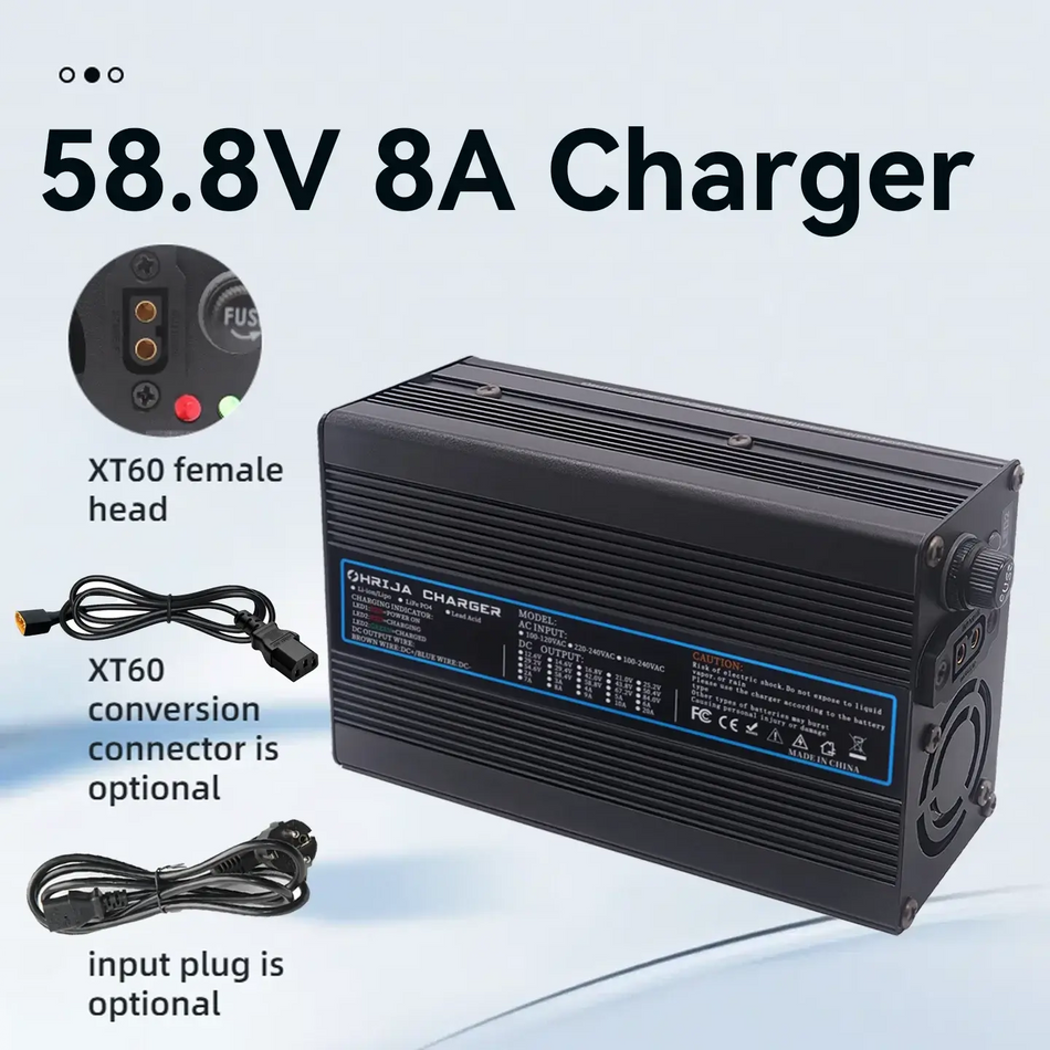 58.8V 8A Quick Lithium Battery Charger for 14S 48V Li-ion Packs Durable Aluminum Shell Customizable Detachable Plug
