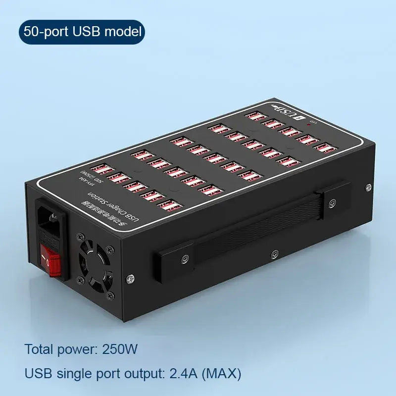 Multi-Port USB Desktop Station - 10/20/30/40/50/60 Port High Wattage Smart Charger with 50 ports and 250W power.