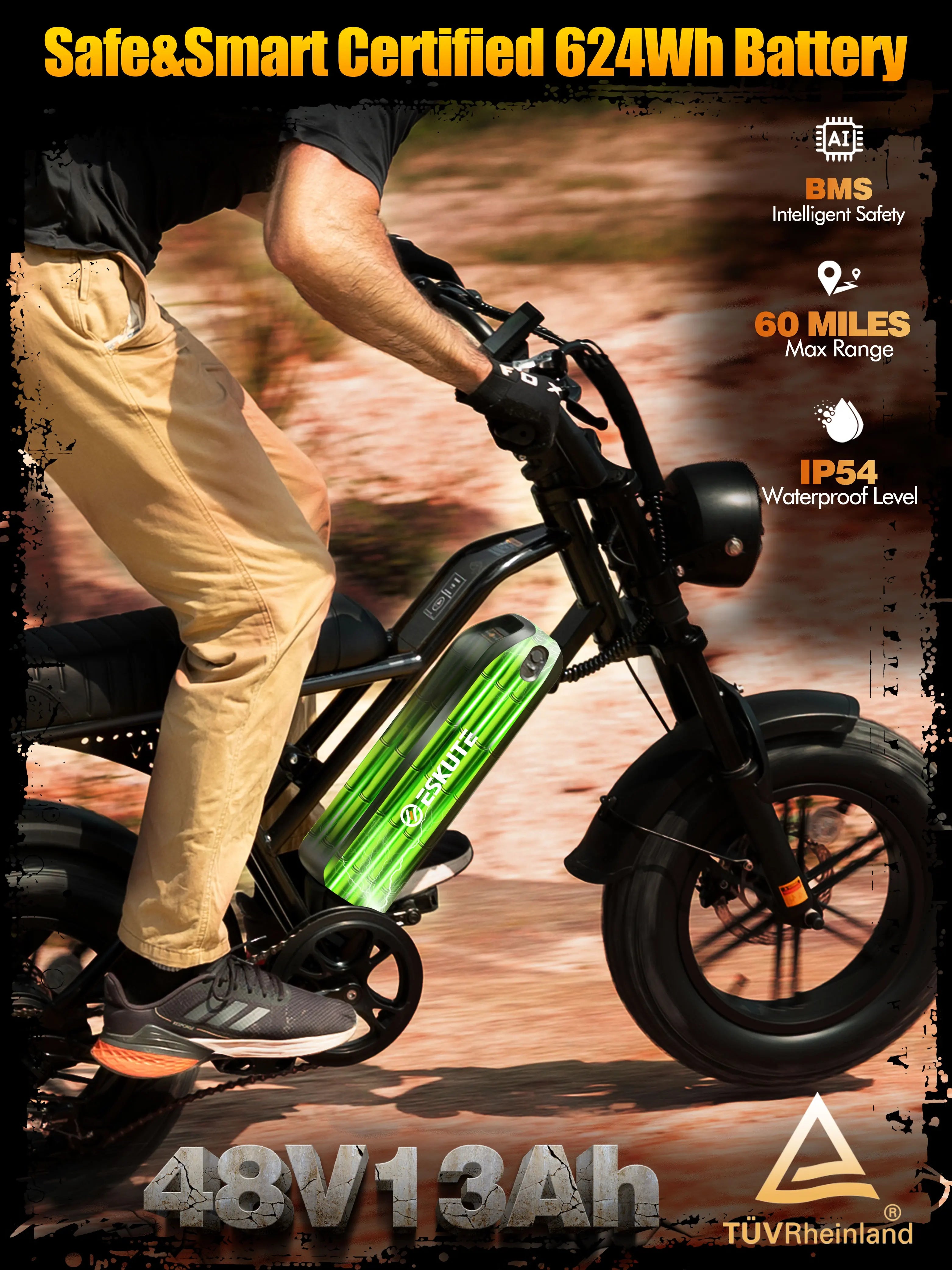 Padded seat and heavy-duty frame design of the Eskute electric motorcycle.