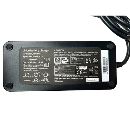 Qicycle EF1 Charger Replacement - 42V Battery Power Adapter for Xiaomi EF1 on a black charger with specifications.