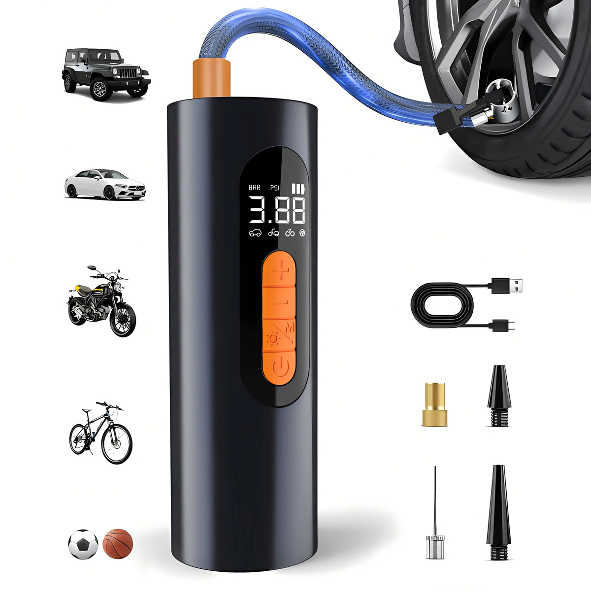 Portable 150PSI wireless tire inflator air pump for car and bike