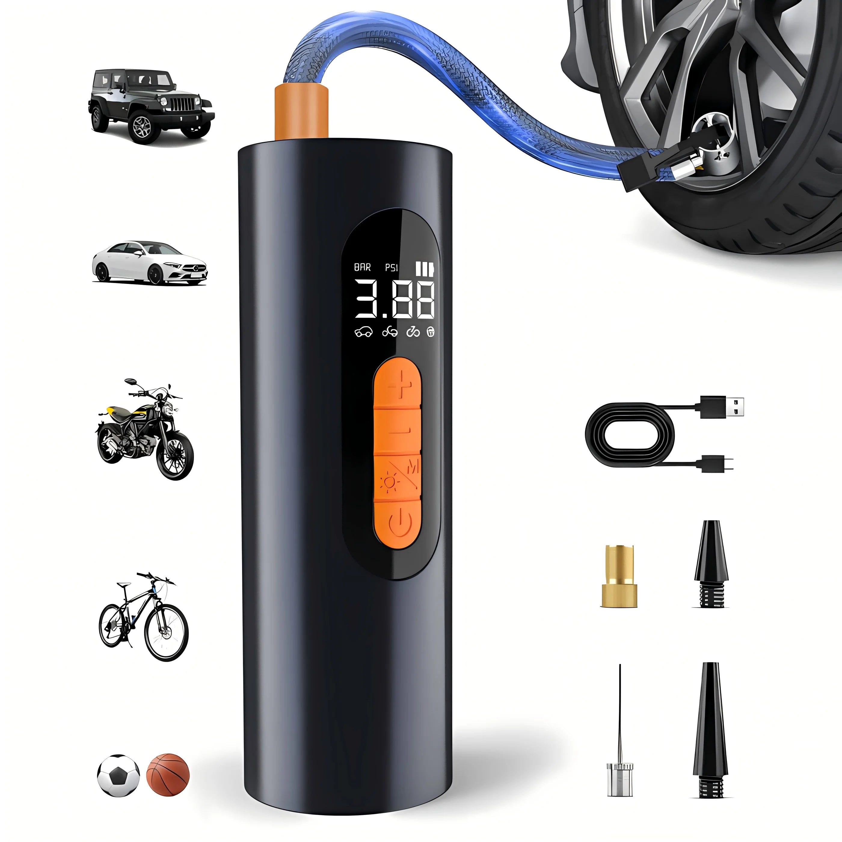 Portable 150PSI wireless tire inflator air pump for car and bike