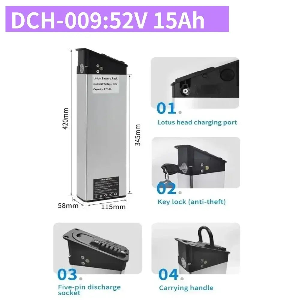 DCH-003/006/009 E-Bike Battery 36V 48V 52V (10Ah-17Ah) 350W-1000W with features and specifications.