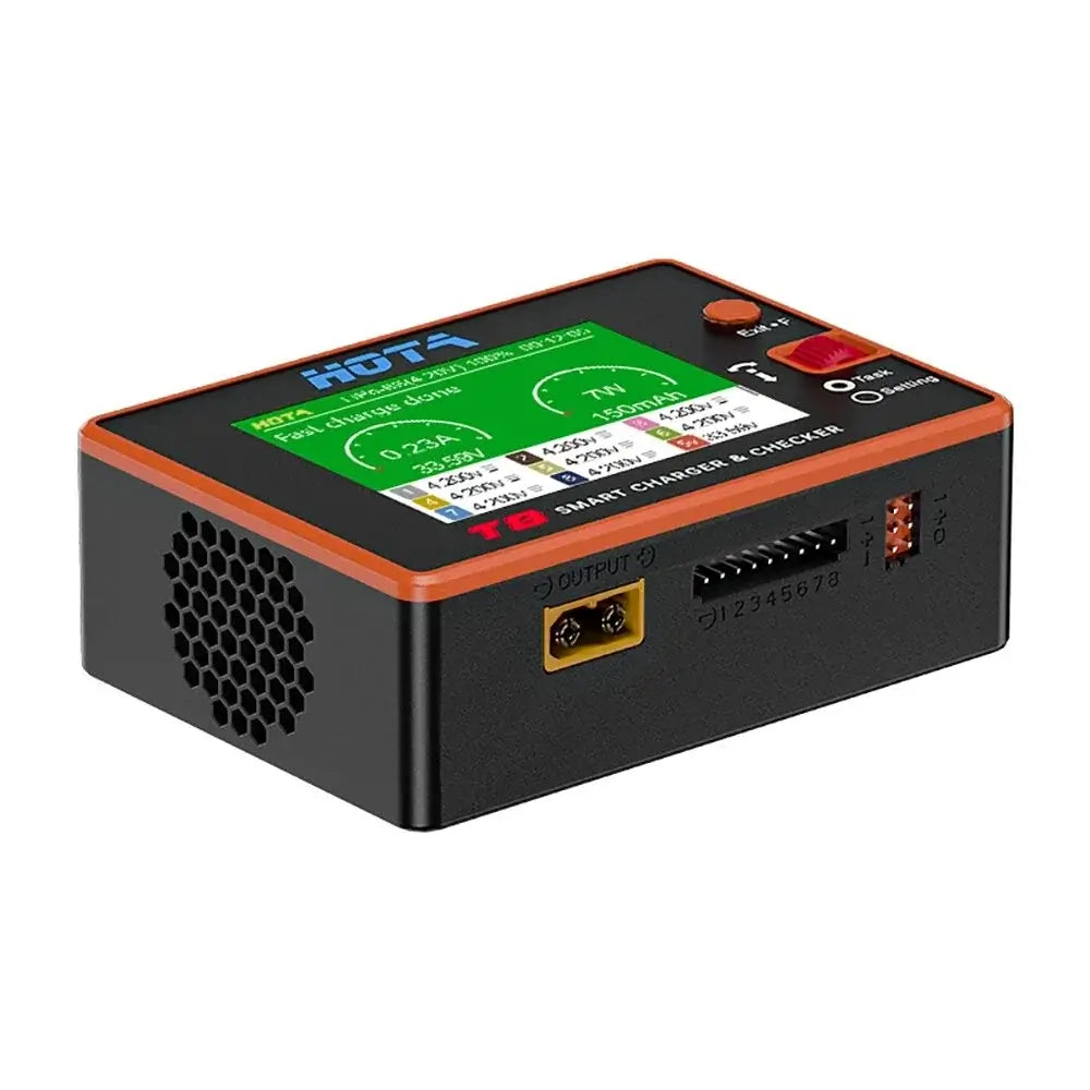 HOTA T8 650W 22A Dual Channel Smart Charger & Battery Checker (1S-8S) - XT60, compact dual-channel charging device.