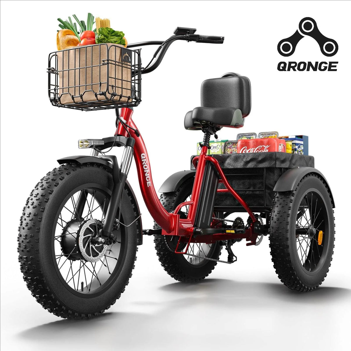 QRONGE 1200W Folding Electric Tricycle parked outdoors showing its full 3-wheel frame and fat tires.