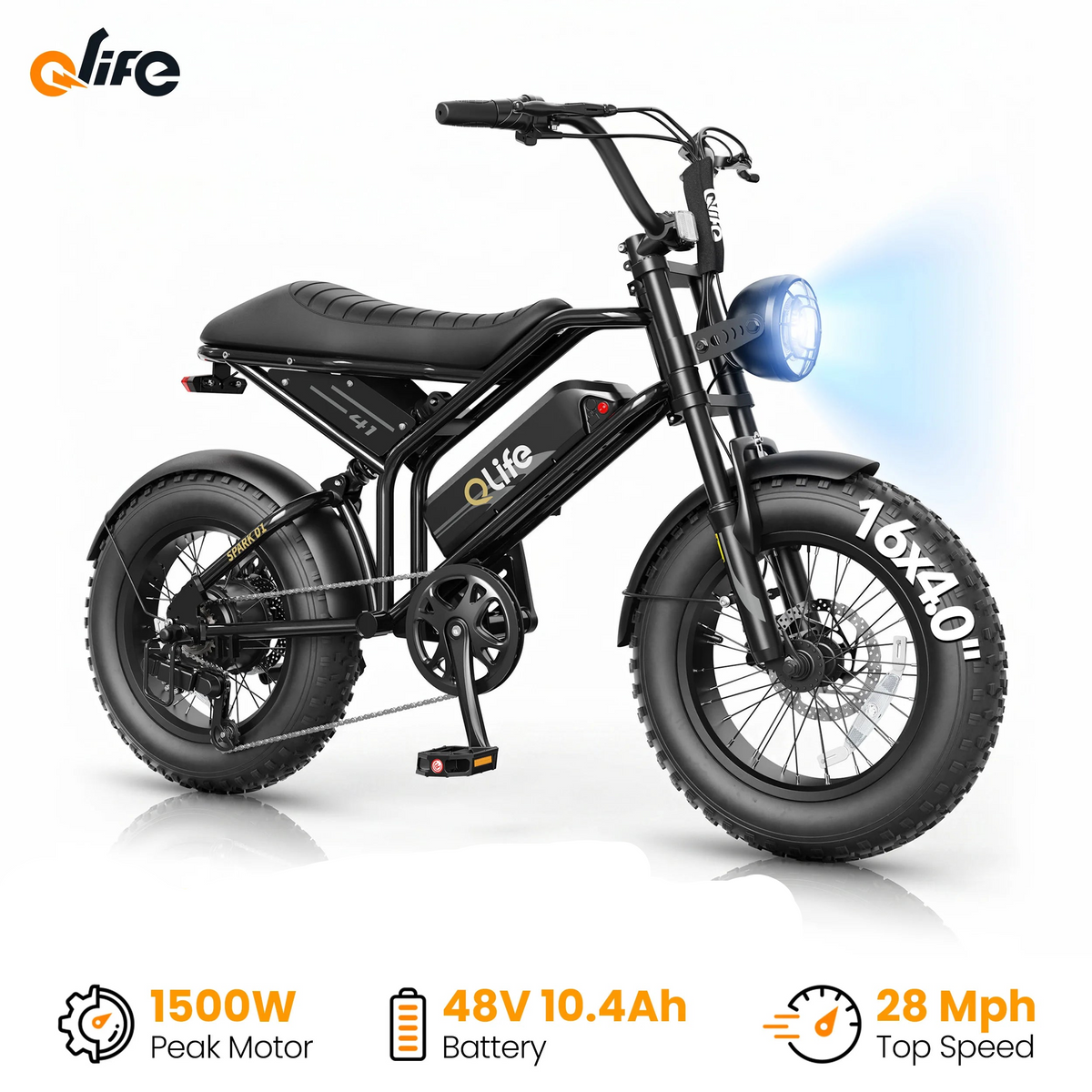 Qlife Spark D1 electric mountain bike parked on a dirt trail showcasing full suspension frame