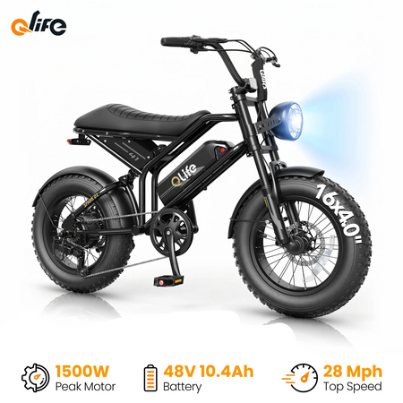 Qlife Spark D1 electric mountain bike parked on a dirt trail showcasing full suspension frame