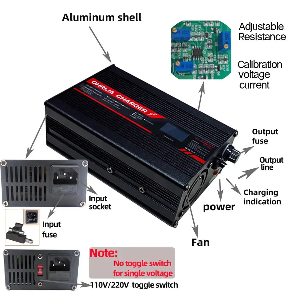Smart Lithium Battery Charger with OLED Display 36V 48V 60V 72V XT60 Connector High-Precision 5A Fast Charger features.
