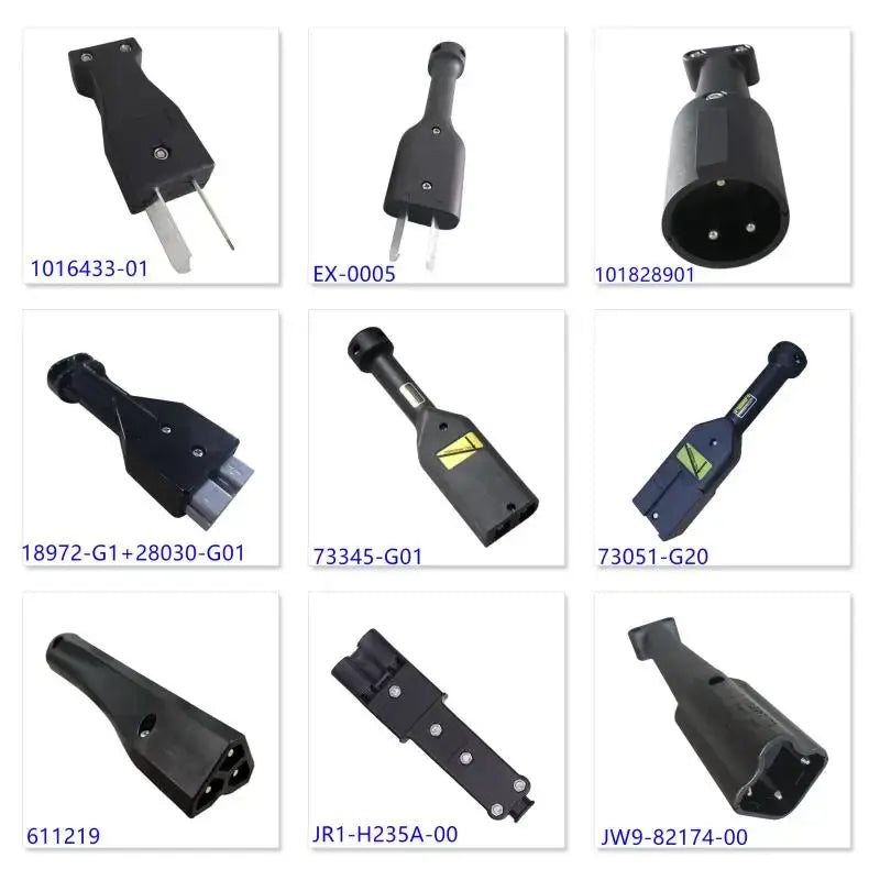 Various connectors and plugs suitable for electric golf cart charging applications.
