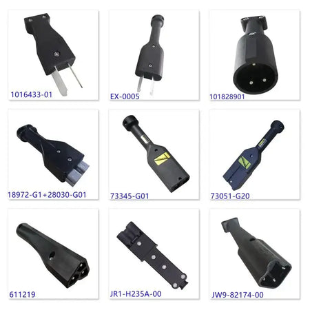 Various connectors and plugs suitable for electric golf cart charging applications.