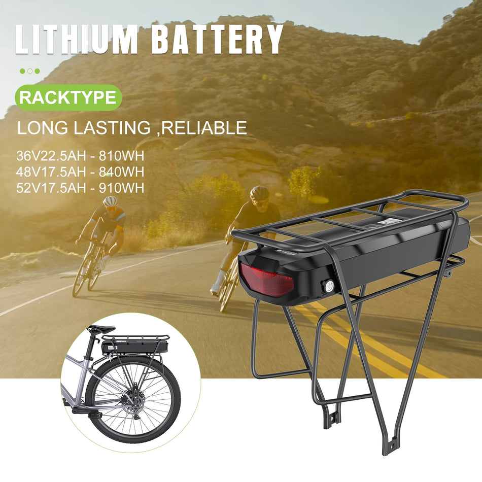 Rear rack e-bike battery mounted on electric bicycle