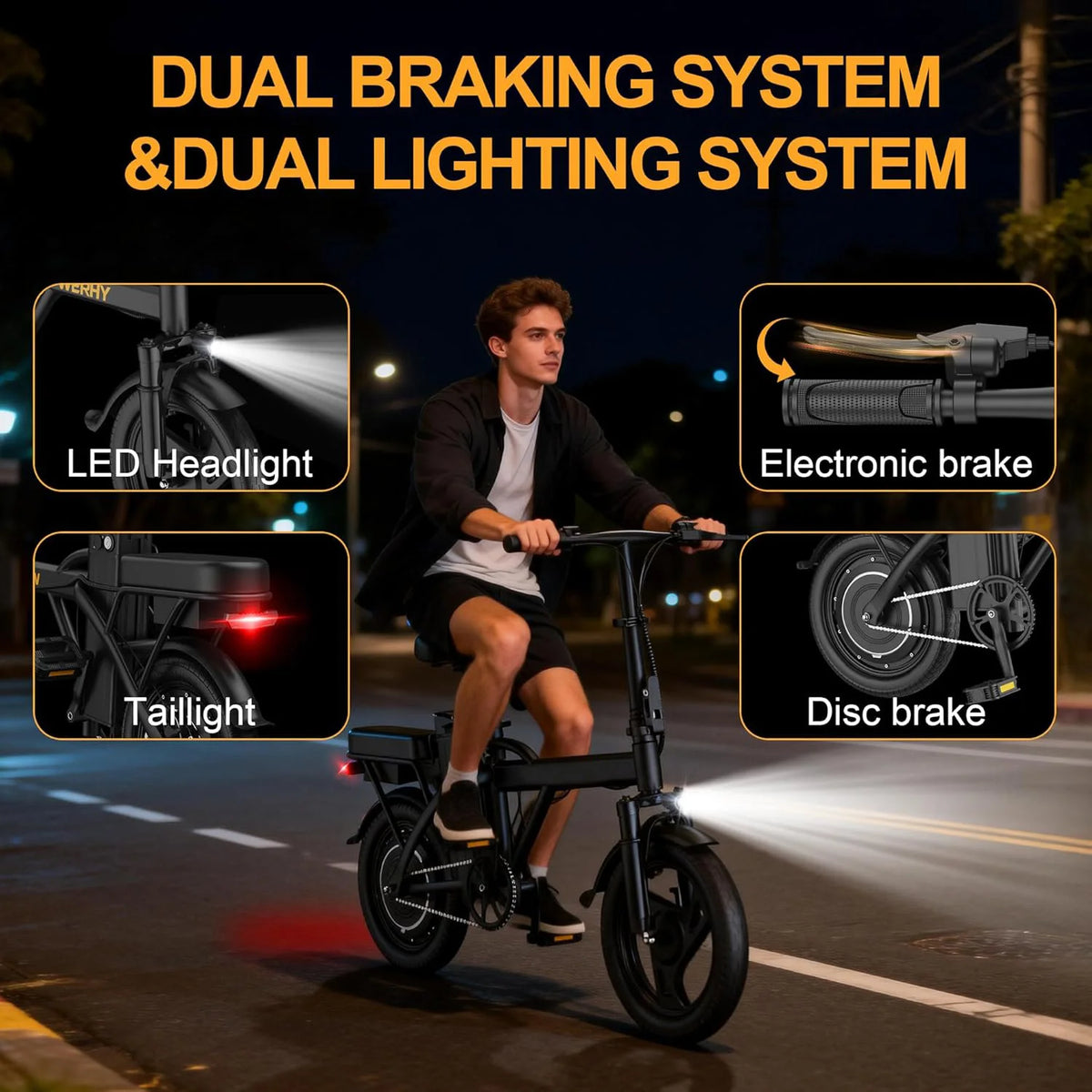 Rider commuting on compact electric bike on paved path