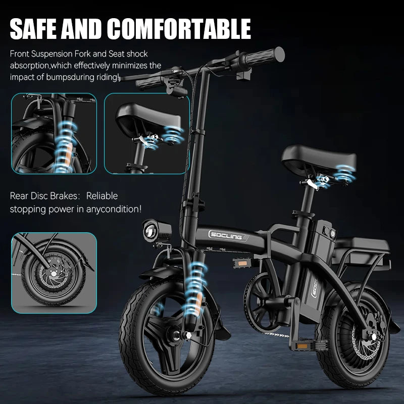 Rider commuting on foldable electric bike with front basket