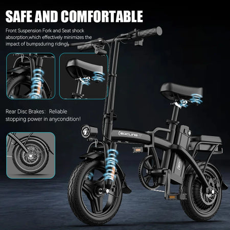 Rider commuting on foldable electric bike with front basket