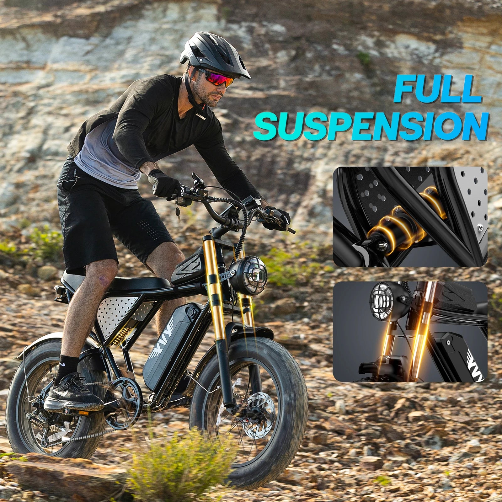 Rider speeding down a dirt track on the YVY K20 Lite electric bike at 30 MPH