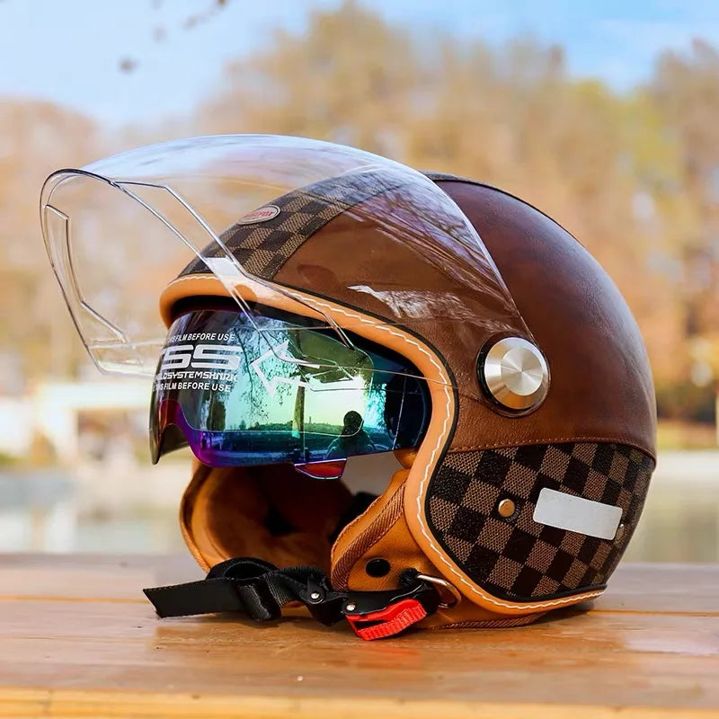 Vintage half motorcycle helmet with inner sun lens side angle