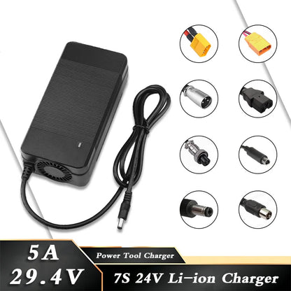 29.4V 5A Lithium Battery Charger 7S 24V 5A Li-ion battery Pack Charger Fast Charging Silent Cooling Fan Power Tool Charger