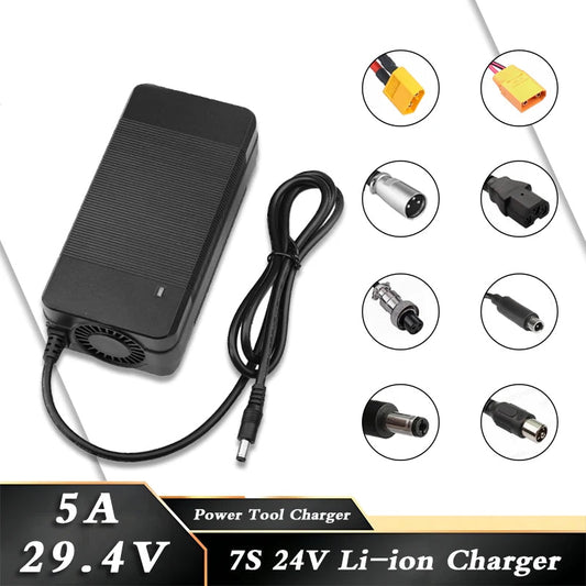29.4V 5A Lithium Battery Charger 7S 24V 5A Li-ion battery Pack Charger Fast Charging Silent Cooling Fan Power Tool Charger