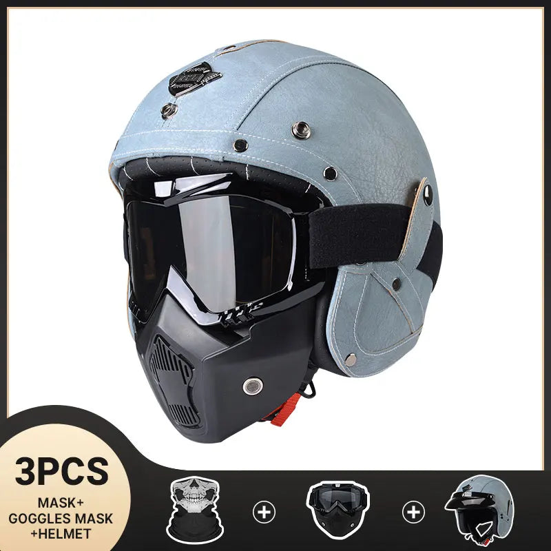 Vintage Motorcycle Helmet Men's Four season Leather Jet Helmets Electric Bike Half Helmet Blue CHINA