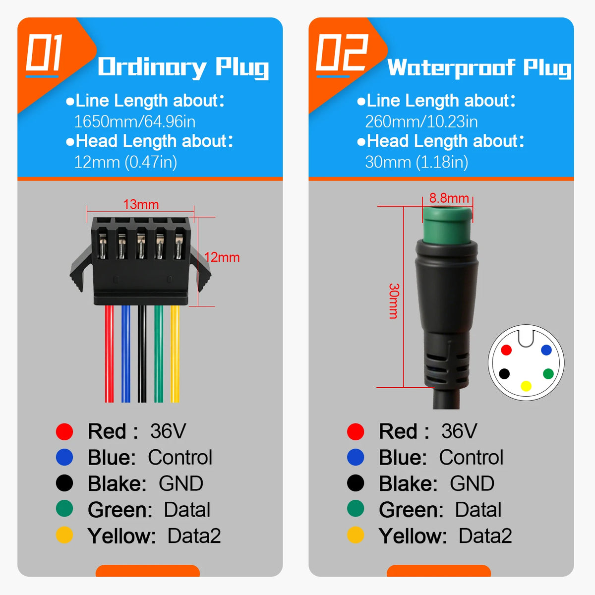 Waterproof connector plug for S966 24V to 72V electric bicycle display
